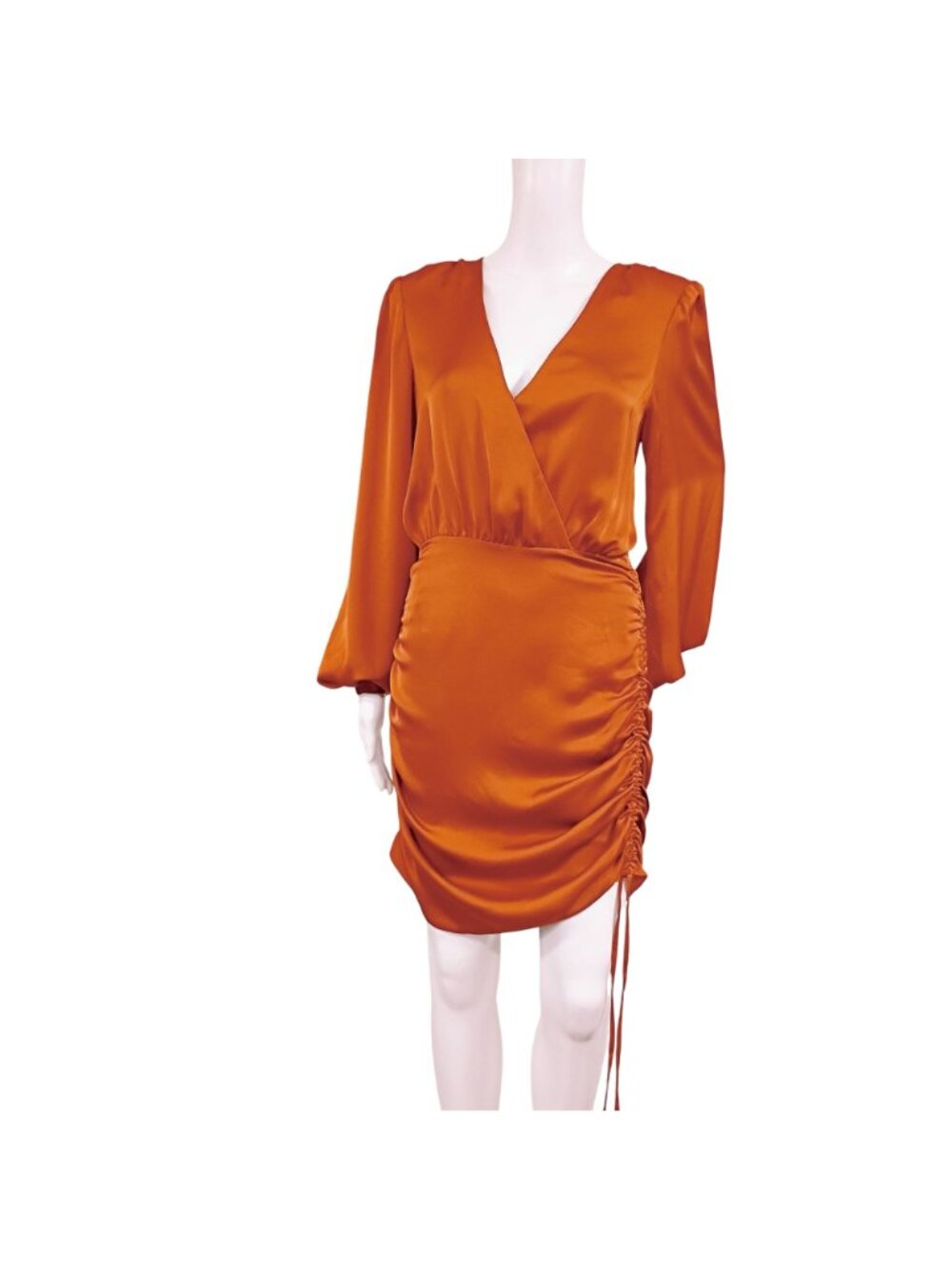NWT Ramy Brook Foxy Mini Dress Women's 6 Cinnamon Satin Long Sleeve Side Ruched - Picture 3 of 16